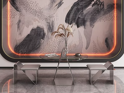 Modern Table and Benches Set with Glass Tabletop Metal Frame Abstract Wall Art Neon Border 3d model