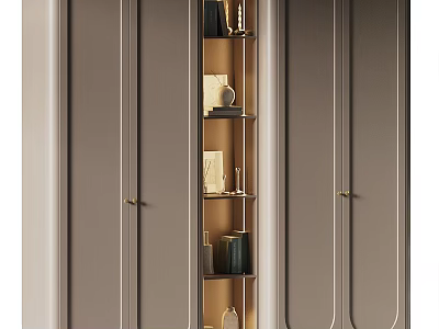 Modern Light Luxury Beige Bookcase With Glass Doors Metal Handles And Decor Items 3d model