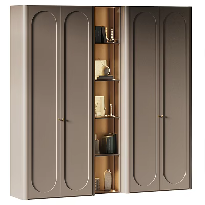 Modern Light Luxury Beige Bookcase With Glass Doors Metal Handles And Decor Items 3d model