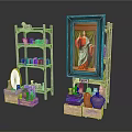 Multi Tiered Curio Shelf With Framed Art Books Clay Jars And Basket