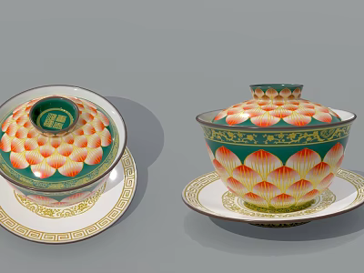 Vintage Green Orange Lotus Pattern Cup With Lid And Golden Border On Tray 3d model