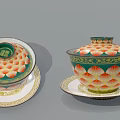 Vintage Green Orange Lotus Pattern Cup With Lid And Golden Border On Tray