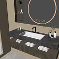 Modern Bathroom Vanity With Stone Countertop Sink Faucet Lighted Mirror And Folded Towels