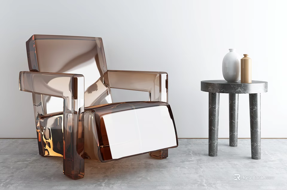 Modern Transparent Acrylic Accent Chair in Amber Hue with Marble Side Table and Vases 3d model 