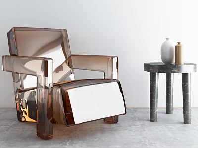 Modern Transparent Acrylic Accent Chair in Amber Hue with Marble Side Table and Vases 3d model