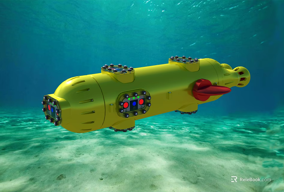 Yellow Submersible Vehicle Exploring Underwater Blue Ocean Sandy Seabed 3d model 