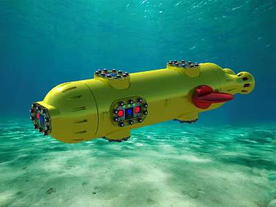 Yellow Submersible Vehicle Exploring Underwater Blue Ocean Sandy Seabed 3d model
