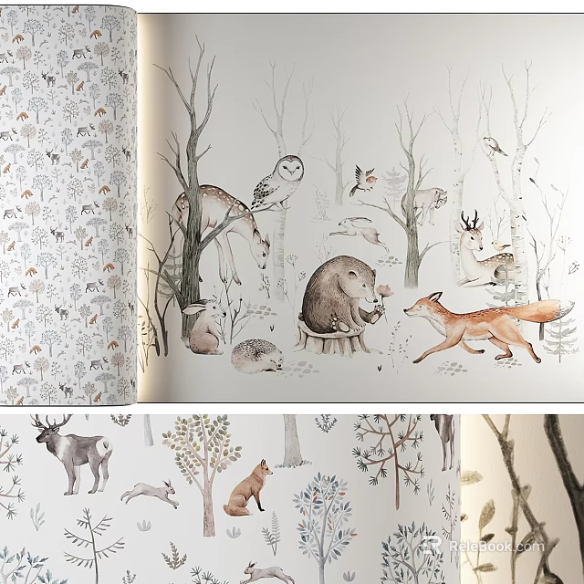 Hand Drawn Forest Animal Illustrations With Deer Fox Hedgehog Owl And Trees 3d model 
