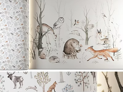 Hand Drawn Forest Animal Illustrations With Deer Fox Hedgehog Owl And Trees 3d model