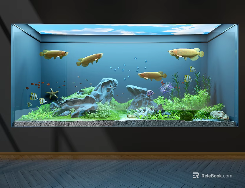 Large Tropical Fish Aquarium With Aquatic Plants Rock Decorations And Clear Water 3d model 