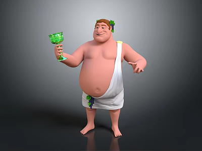 Cheerful 3D Plump Character In White Toga With Green Leaf Crown Holding Goblet 3d model