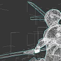 Futuristic Game Character in Black Mechanical Armor With Glowing Red Sword and Blue Light Effects