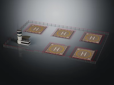 Five H Marked Helipads With Control Tower In Fenced Area Design 3d model