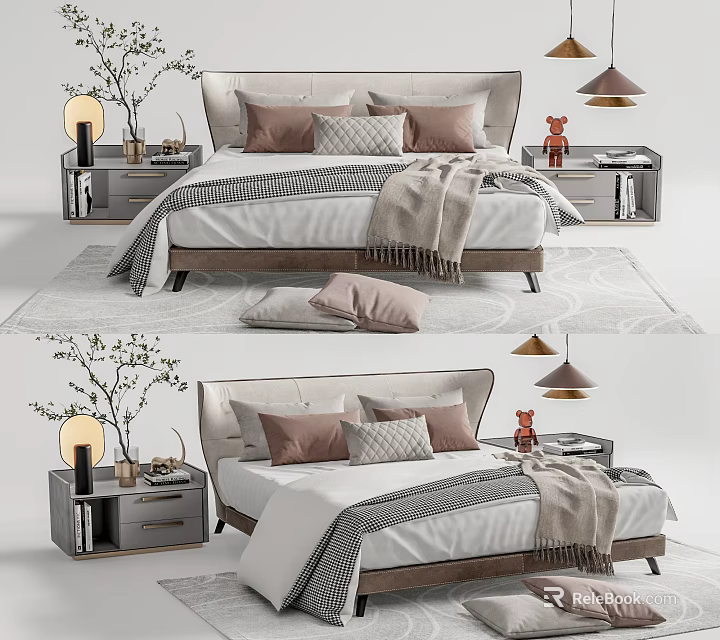 Modern Double Bed Interior With Bedside Tables Lamps Decorative Pillows Knit Blanket And Area Rug 3d model 