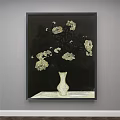 Botanical Painting with Transparent Vase and Pink Blue Flowers on Dark Background