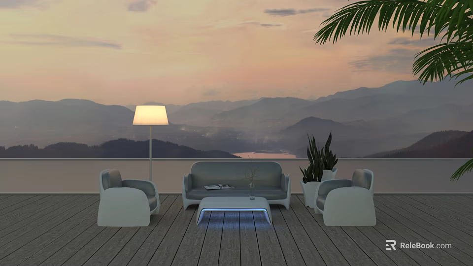 Outdoor Sofa with Wooden Deck Armchairs Floor Lamp Potted Plant Mountain Sunset View 3d model 