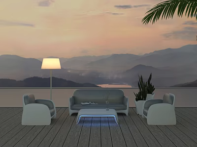 Outdoor Sofa with Wooden Deck Armchairs Floor Lamp Potted Plant Mountain Sunset View 3d model
