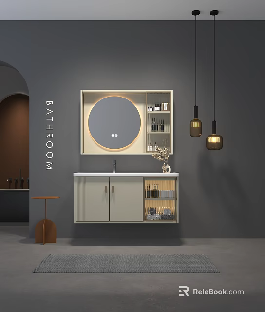 Modern Bathroom Vanity With Round Mirror Cabinets Storage And Pendant Lights 3d model 