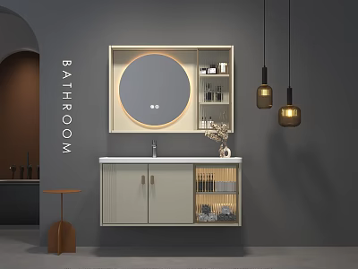 Modern Bathroom Vanity With Round Mirror Cabinets Storage And Pendant Lights 3d model