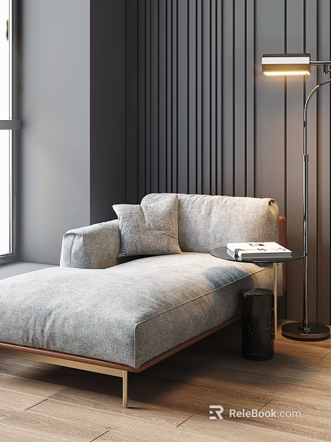 Gray Chaise Lounge with Side Table Books and Floor Lamp in Dark Wall Room 3d model 