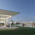 Modern Sales Office Building With Glass Curtain Walls Outdoor Lawn And Sculpture Lighting Design