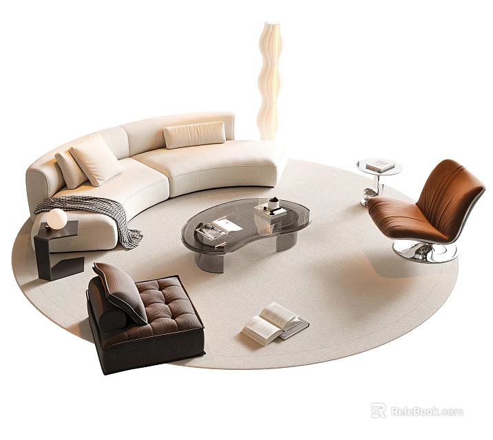 Beige Curved Sofa And Round Coffee Table Set With Brown Chair Ottoman And Round Rug 3d model 