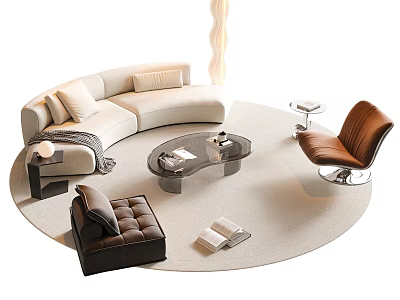 Beige Curved Sofa And Round Coffee Table Set With Brown Chair Ottoman And Round Rug 3d model