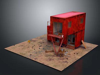 Red Container Building Structure With Sandy Ground Ladder And Platform 3d model