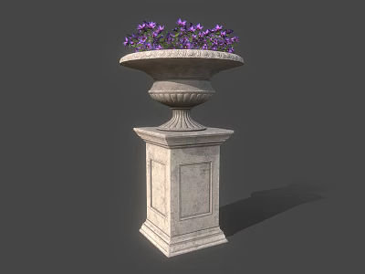 Purple Flowering Plants In Decorative Stone Planter On Pedestal Base 3d model