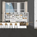 Modern Cafe Interior Design with Open Bar Counter Marble Walls High Stools and Large Windows