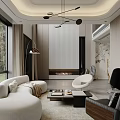 Modern Living Dining Room Interior Design With White Curved Sofa Grey Armchair And Wooden Bookshelf