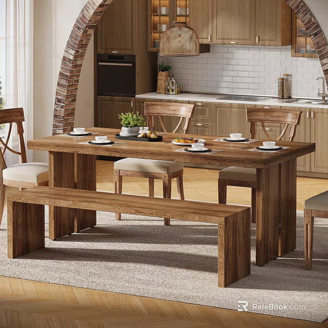 Modern Wooden Dining Table and Chair Set With Bench Plates and Kitchen Decor 3d model 