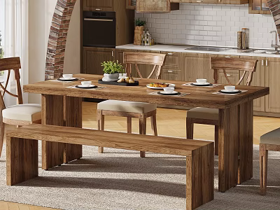 Modern Wooden Dining Table and Chair Set With Bench Plates and Kitchen Decor 3d model