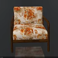 Floral Pattern Accent Chair With Wooden Frame Orange Red Flower Design
