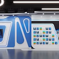 Modern Studio Interior With Blue White Decor Large Display Screens Showing Earth And Starry Sky