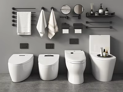 Modern Bathroom With Four White Toilets Towel Racks Mirrors And Toiletries 3d model