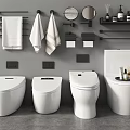 Modern Bathroom With Four White Toilets Towel Racks Mirrors And Toiletries
