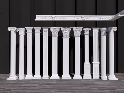 White Roman Columns In Various Styles With Decorative Cornice On Wooden Floor 3d model
