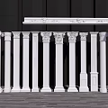 White Roman Columns In Various Styles With Decorative Cornice On Wooden Floor