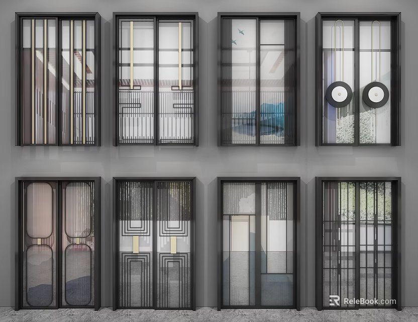 Modern Sliding Doors With Various Grid Patterns And Glass Panel Designs 3d model