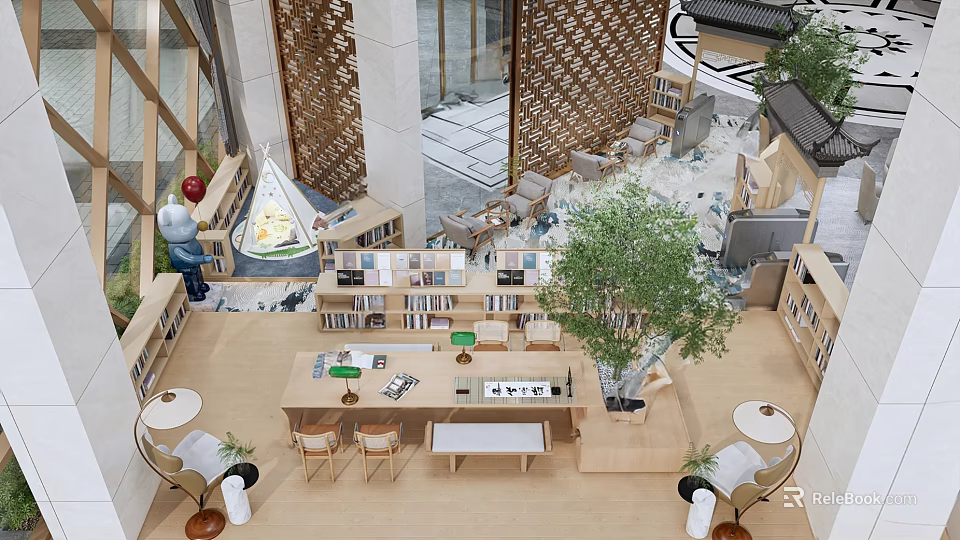 Cozy Modern Lounge Area Interior With Bookshelves Green Plants And Wooden Table Chairs 3d model 