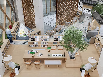 Cozy Modern Lounge Area Interior With Bookshelves Green Plants And Wooden Table Chairs 3d model