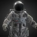 Man In Detailed White Astronaut Suit Standing Against Dark Background