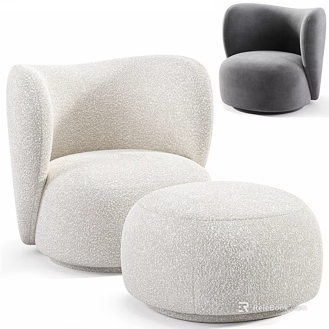 Modern Single Sofa With Curved Back Light Gray Upholstered Fabric And Ottoman 3d model 