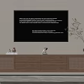 Wooden TV Stand With Drawers Woven Panels Decorations Books Potted Plant And Black Wall Frame