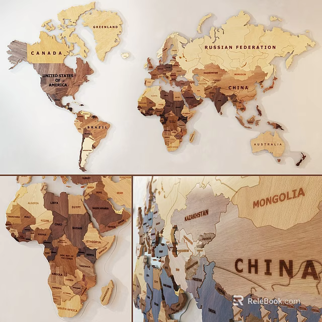 Wooden World Map Wall Decor with Country Names and Natural Wood Texture 3d model 