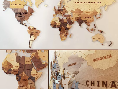 Wooden World Map Wall Decor with Country Names and Natural Wood Texture 3d model