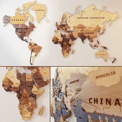 Wooden World Map Wall Decor with Country Names and Natural Wood Texture 3d model