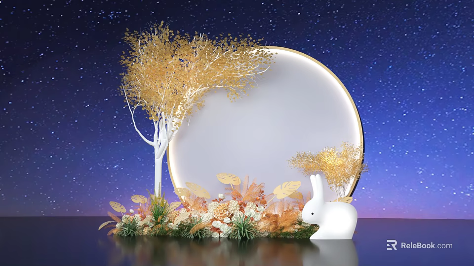 Starry Sky Background Decor With Golden Leaf Tree White Circular Frame Flowers And White Rabbit 3d model 