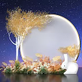 Starry Sky Background Decor With Golden Leaf Tree White Circular Frame Flowers And White Rabbit